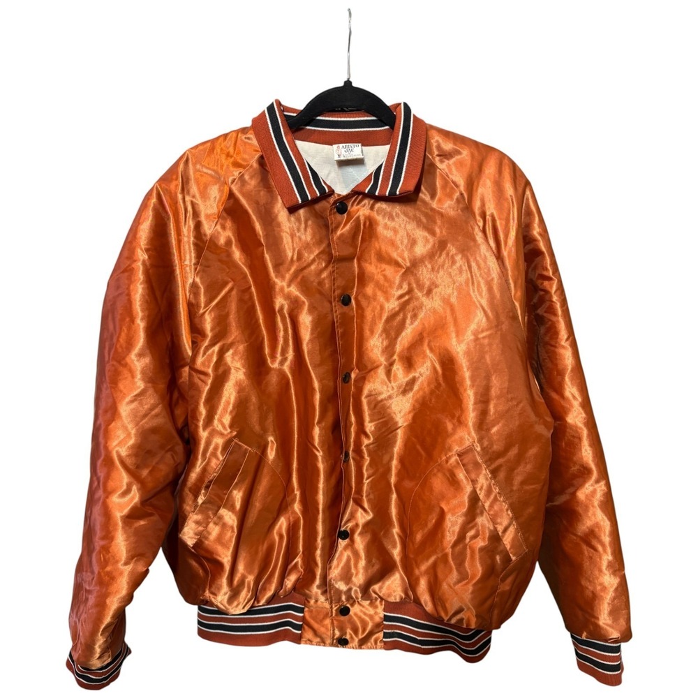 VTG Aristo Jac Hilton Satin Bomber Jacket XL Men Orange Chalk Line Graphic Print